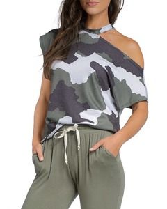 ELAN Camouflage Print Cutout Top In Green